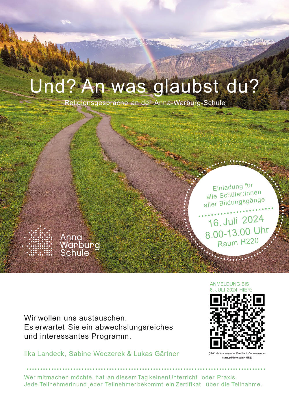 Einladungsplakat zu den Religionsgesprächen am 16.7.2024 in der Zeit von 8:00 bis 13:00 Uhr in Raum H220 .